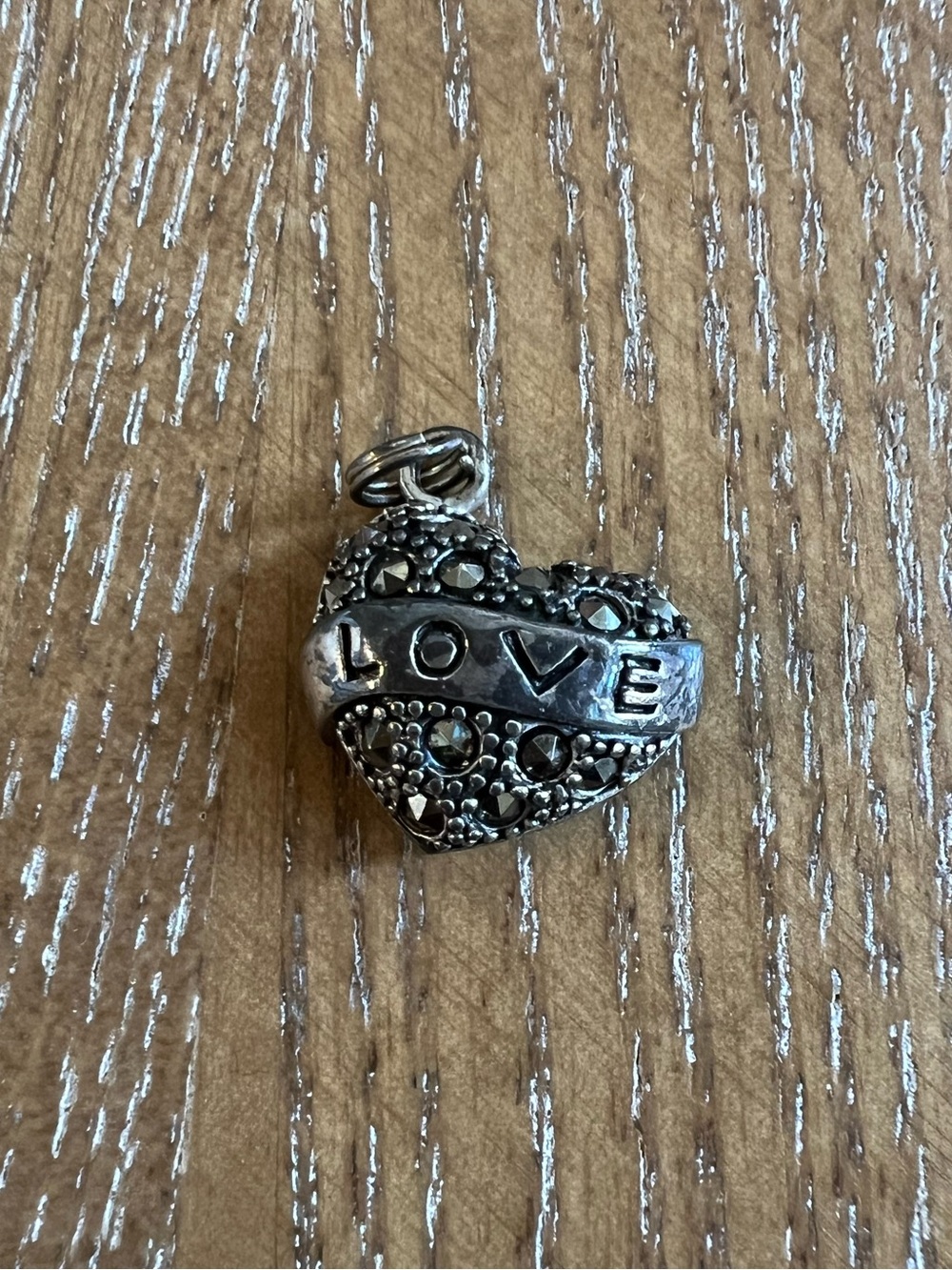 Vintage Heart 'LOVE' Pendant Charm in Sterling Silver and Marcasite